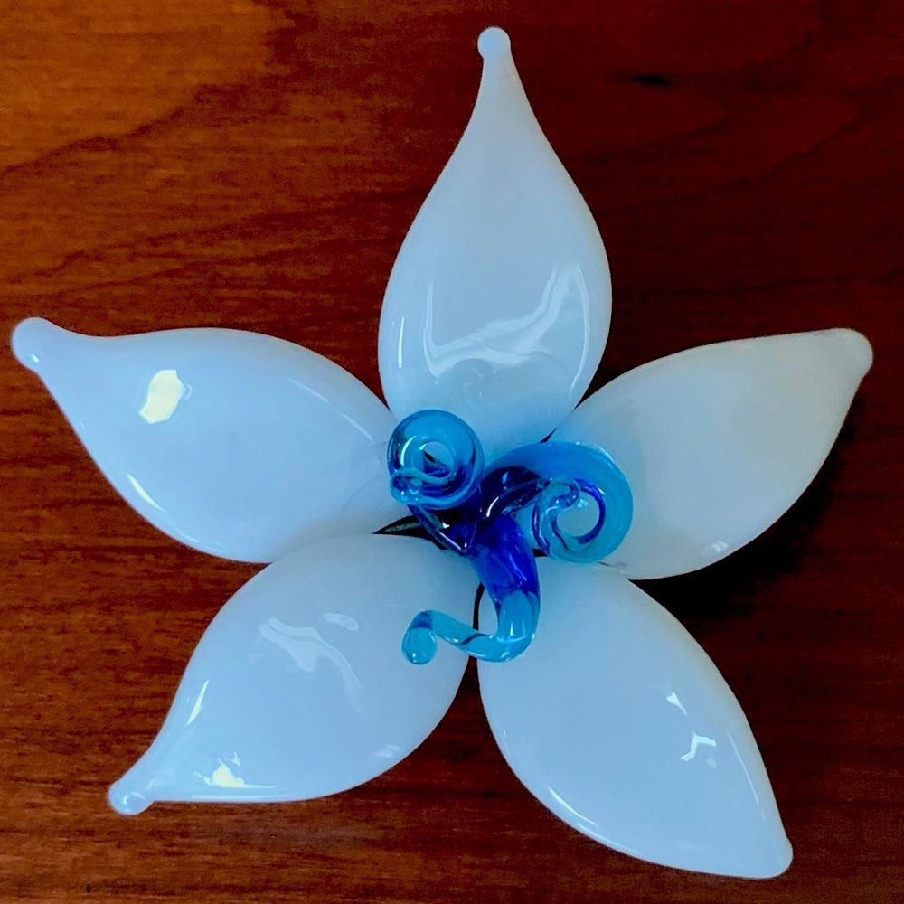 White milky glass brooch pin beautiful white flower handblown blue glass centre
